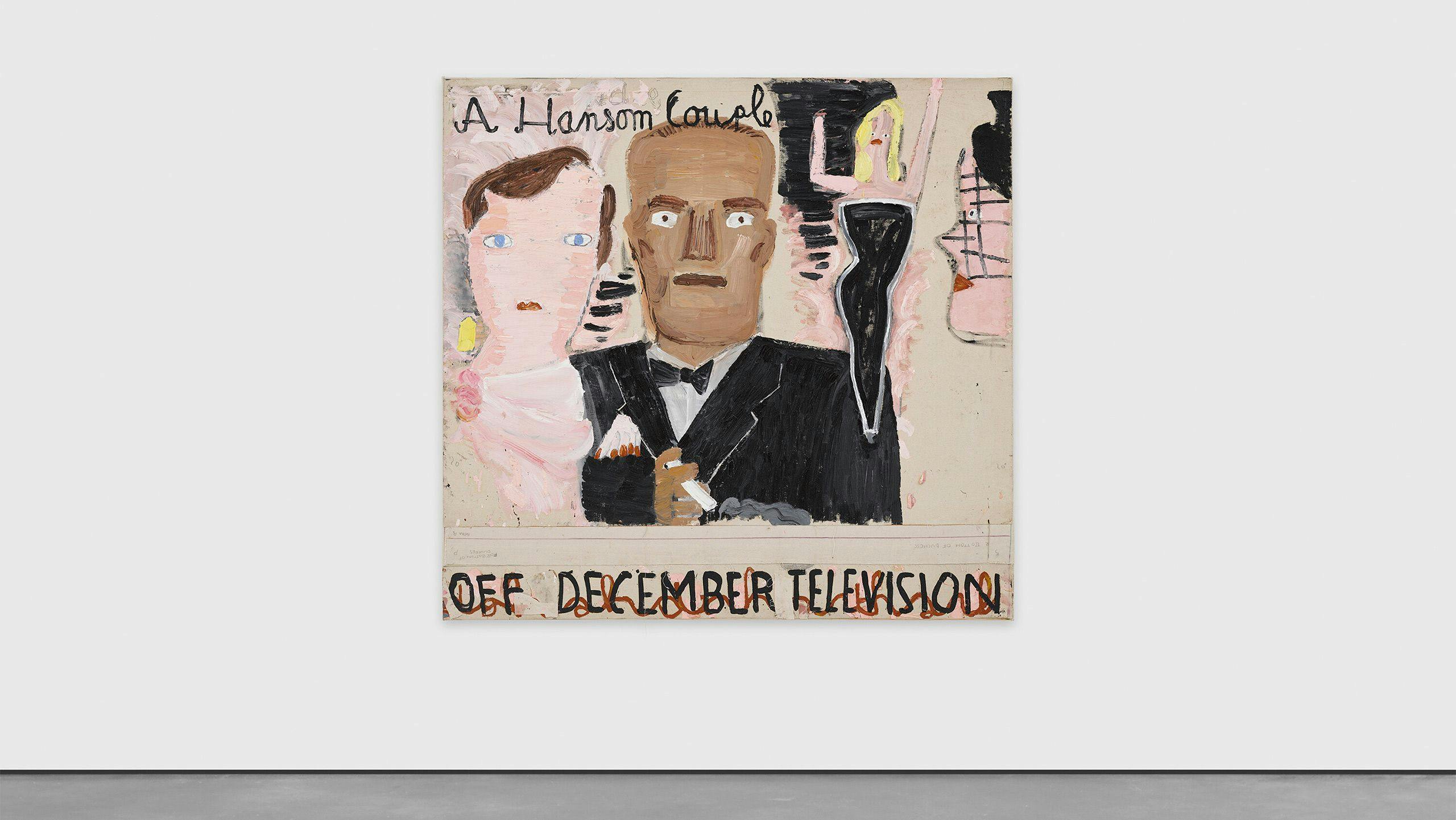 An in situ view of a painting by Rose Wylie titled A Handsome Couple, dated 2022